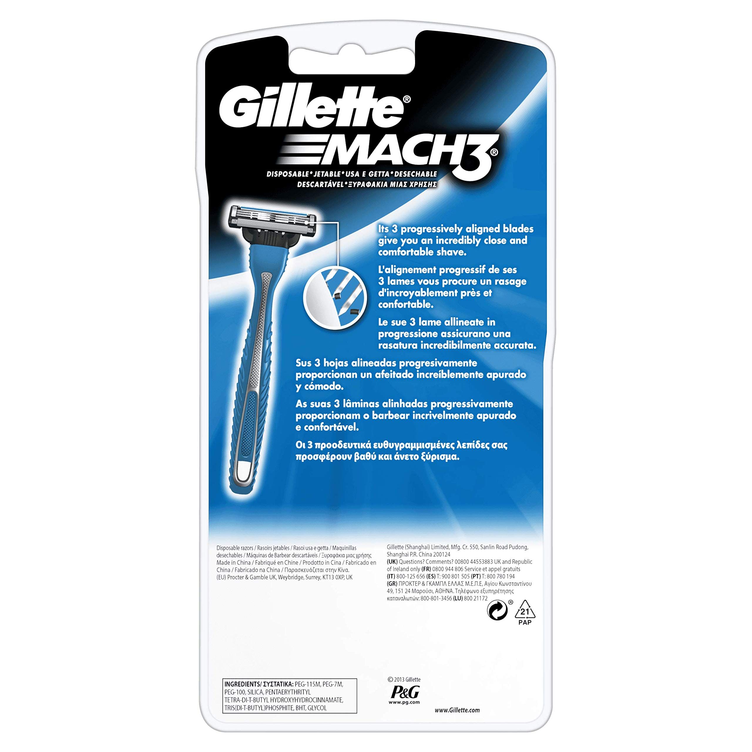 Retro della confezione Gillette Mach3. Colore blu, nome e logo del prodotto. Testo in più lingue.