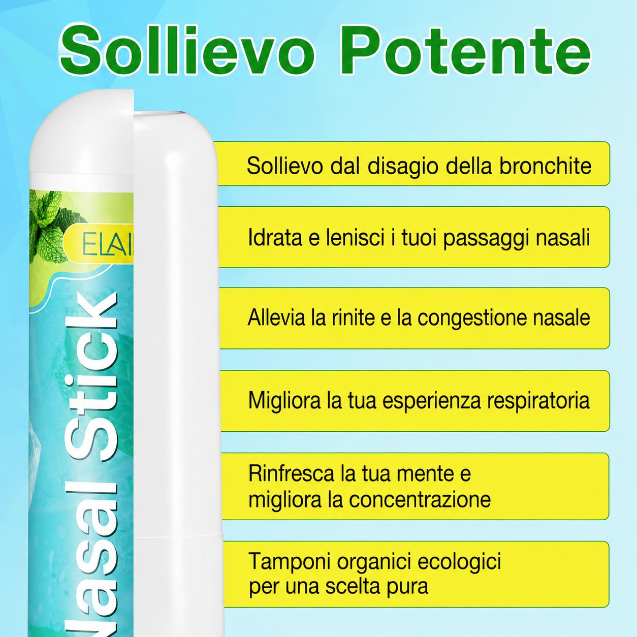 Uno stick nasale con la stampa 'Nasal Stick'. I vantaggi del prodotto sono elencati sullo stick.