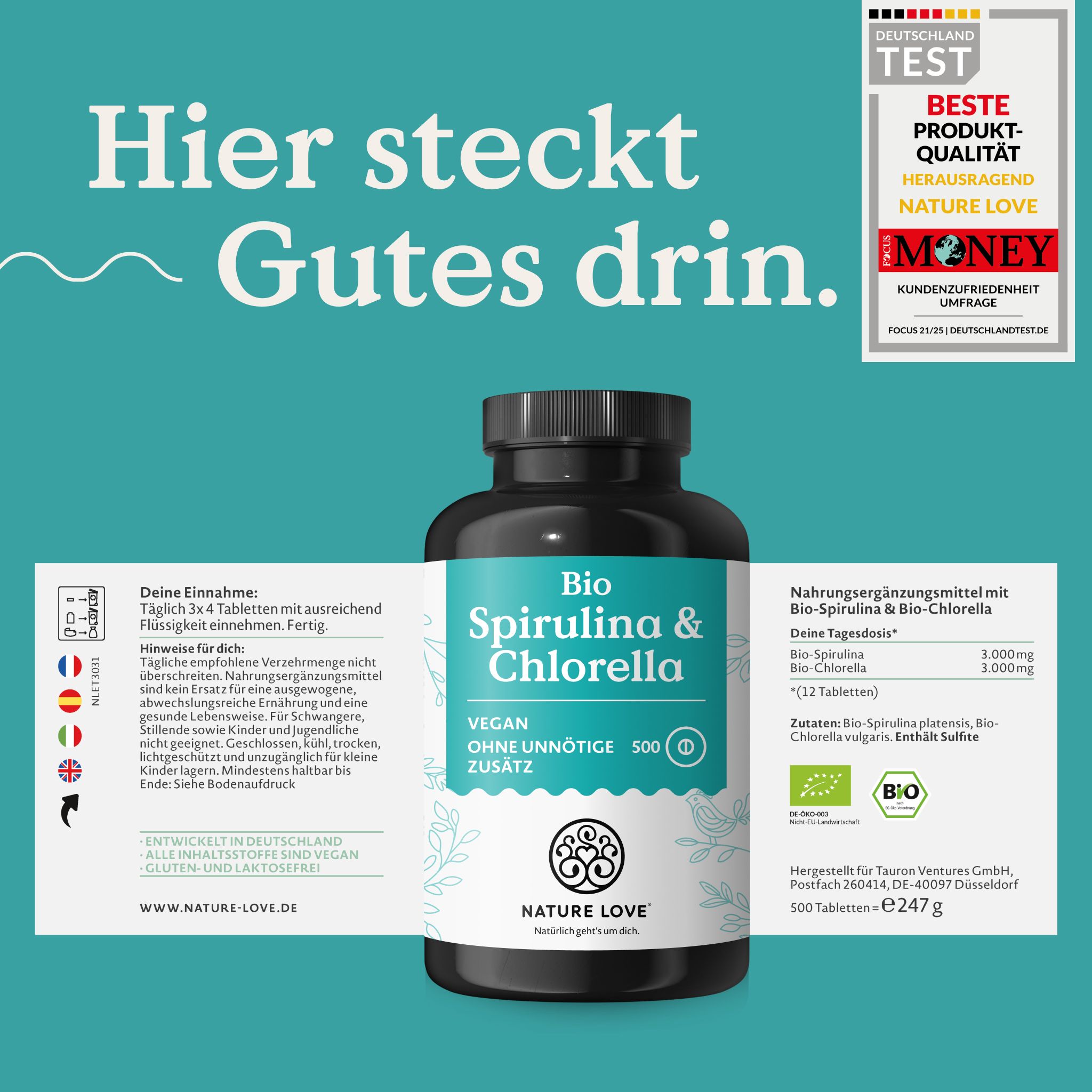 Flacone di Bio Spirulina & Chlorella con informazioni sull'assunzione e sigilli.