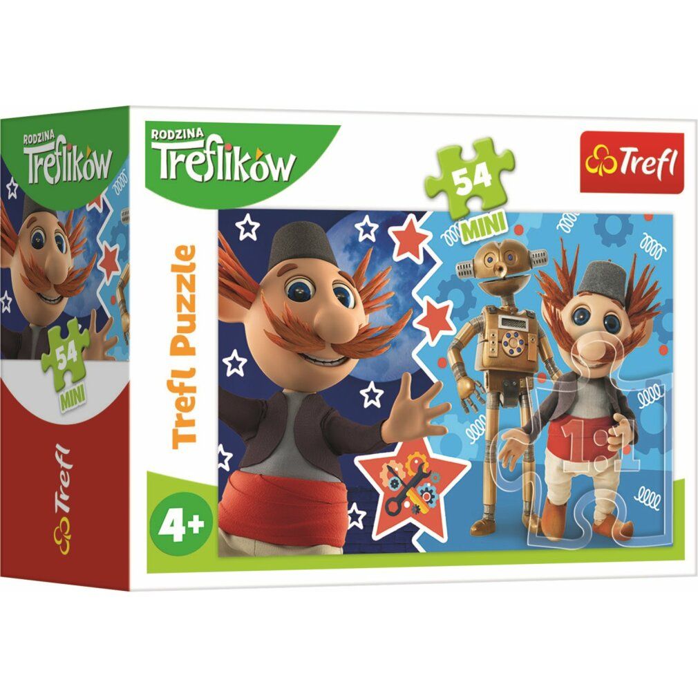 Scatola di puzzle con personaggi. Figure con barba rossa e cappello, robot. Scritta 'Trefl Puzzle' e '54 Mini'.