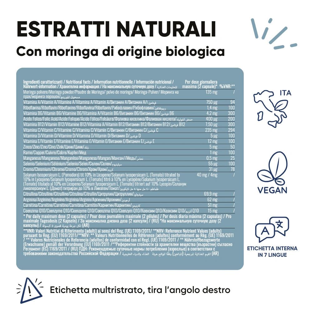 Tabella dei valori nutrizionali su sfondo bianco. Testo: Estratti Naturali, Vegan, Etichetta interna in 7 lingue.