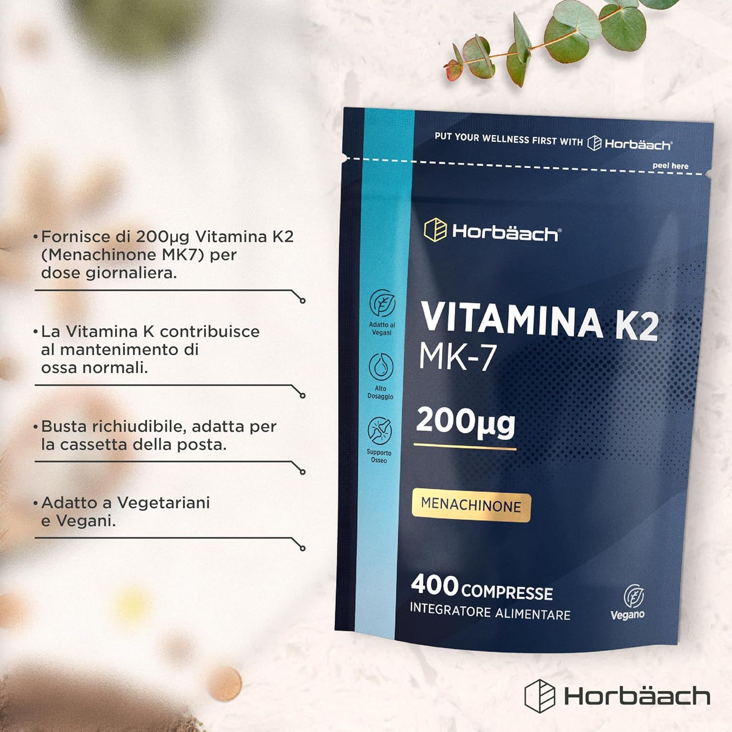 Confezione blu Horbaach Vitamina K2 MK-7, 200µg, 400 compresse. Vegano. Testo e informazioni.