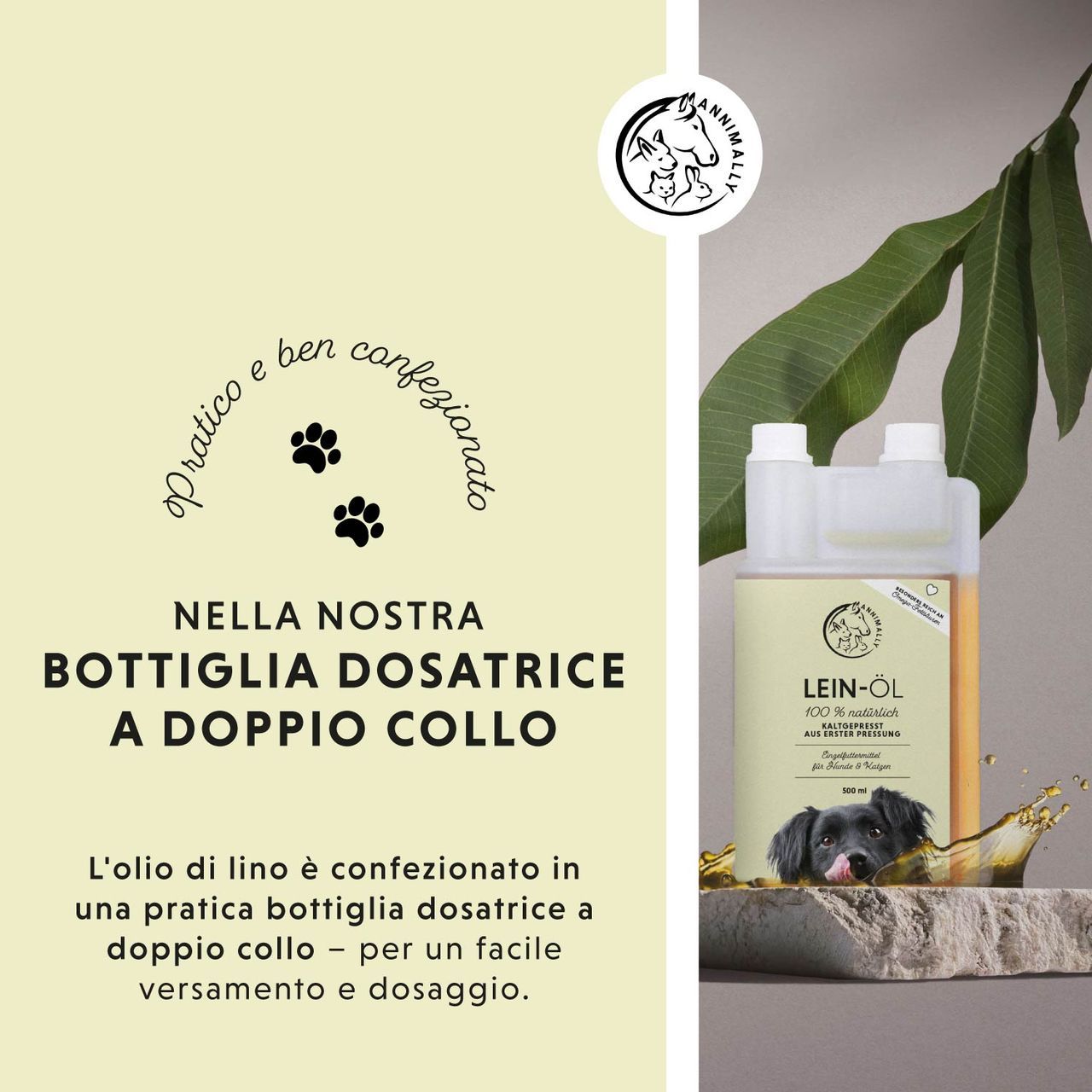 Bottiglia di olio di lino con flacone dosatore a doppio collo. Testo sull'imballaggio pratico.
