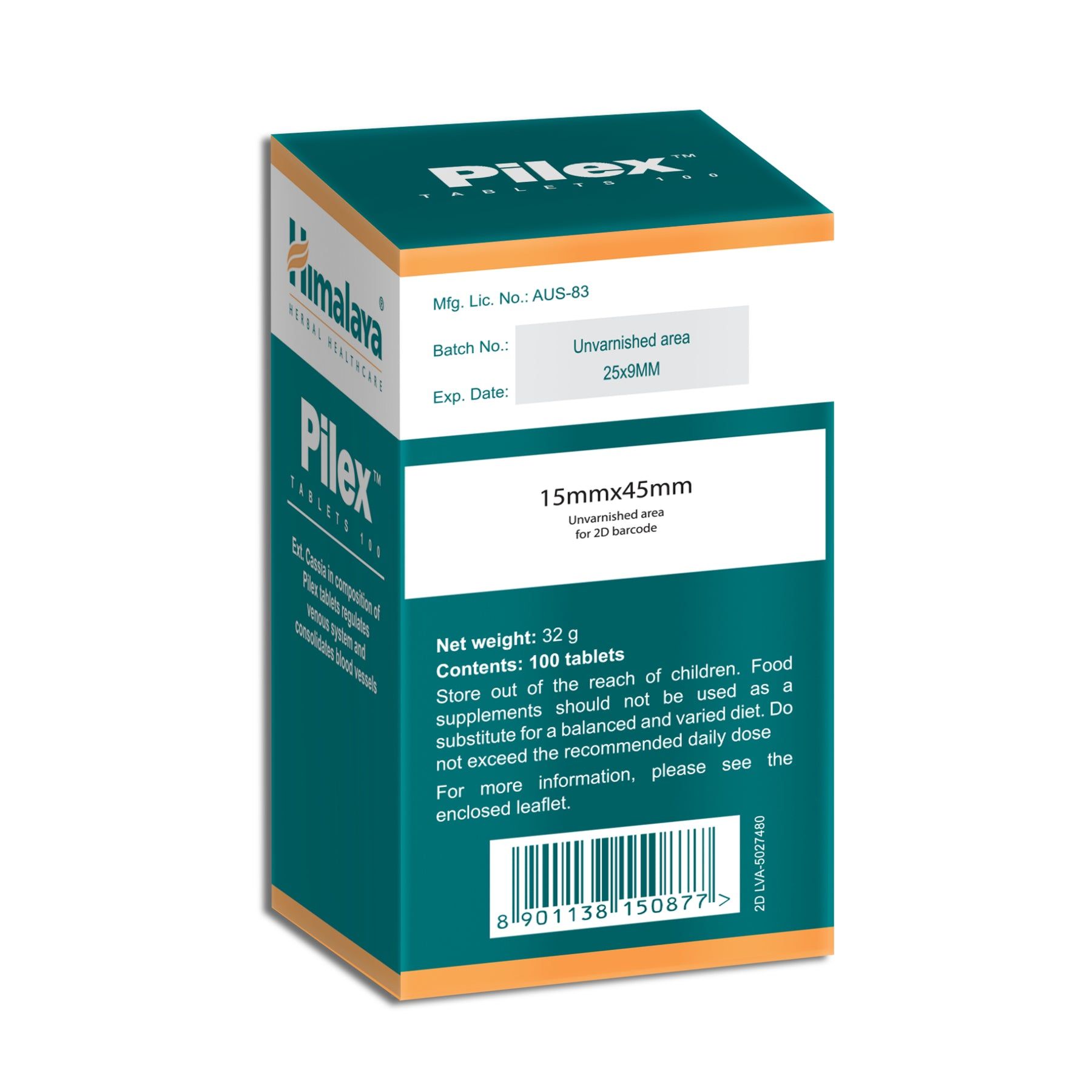 Confezione da 100 compresse Himalaya Pilex. Contiene numero di lotto, data di scadenza e peso netto.