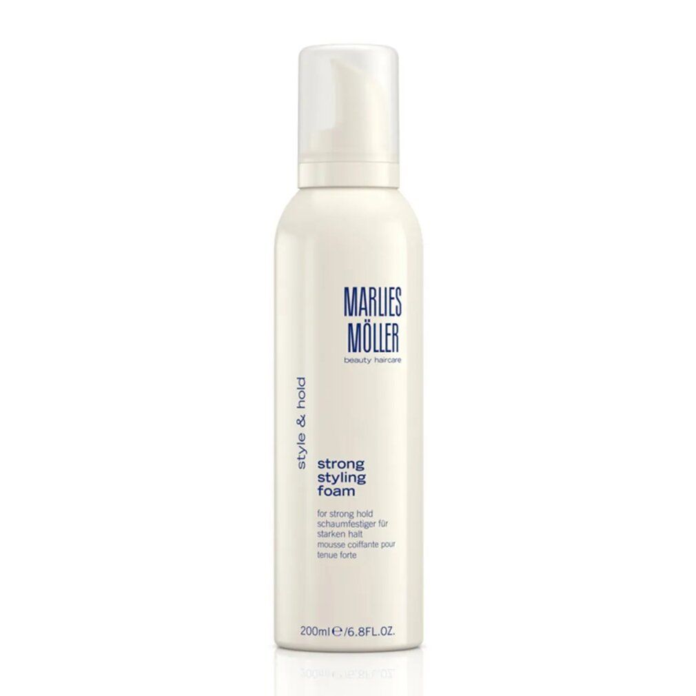 Flacone bianco con erogatore. Scritta: Marlies Möller, Style & Hold, strong styling foam.