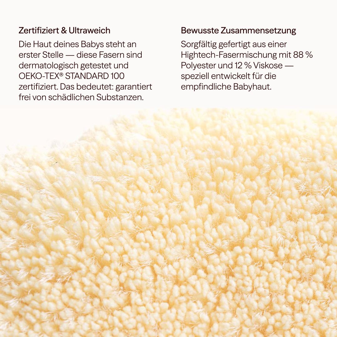 Primo piano dei dischetti gialli. Testo sulla certificazione OEKO-TEX® e sulla composizione poliestere/viscosa.