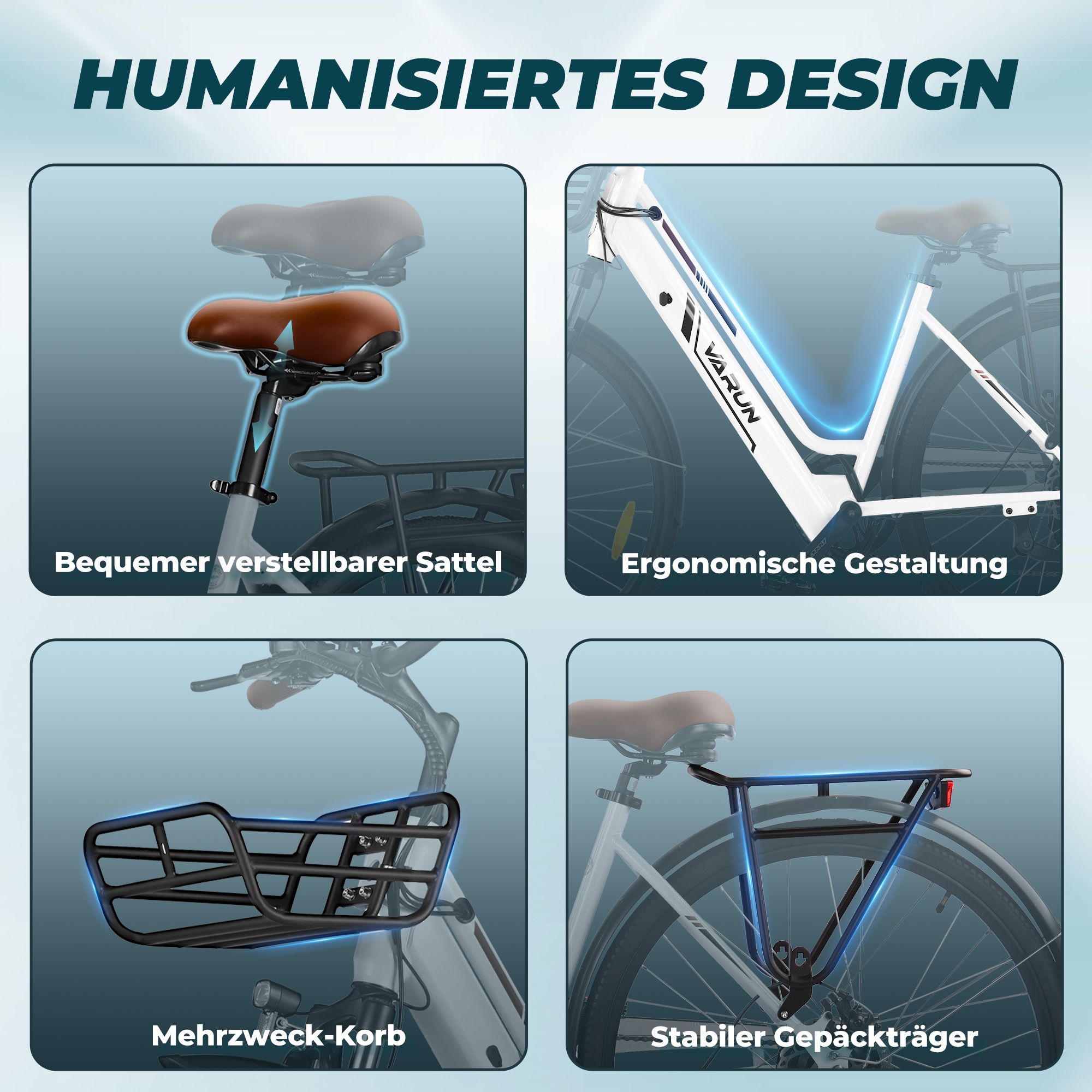 Vari componenti della bici. Sella, telaio, cestino, portapacchi. Testo: Design ergonomico, cestino multiuso.