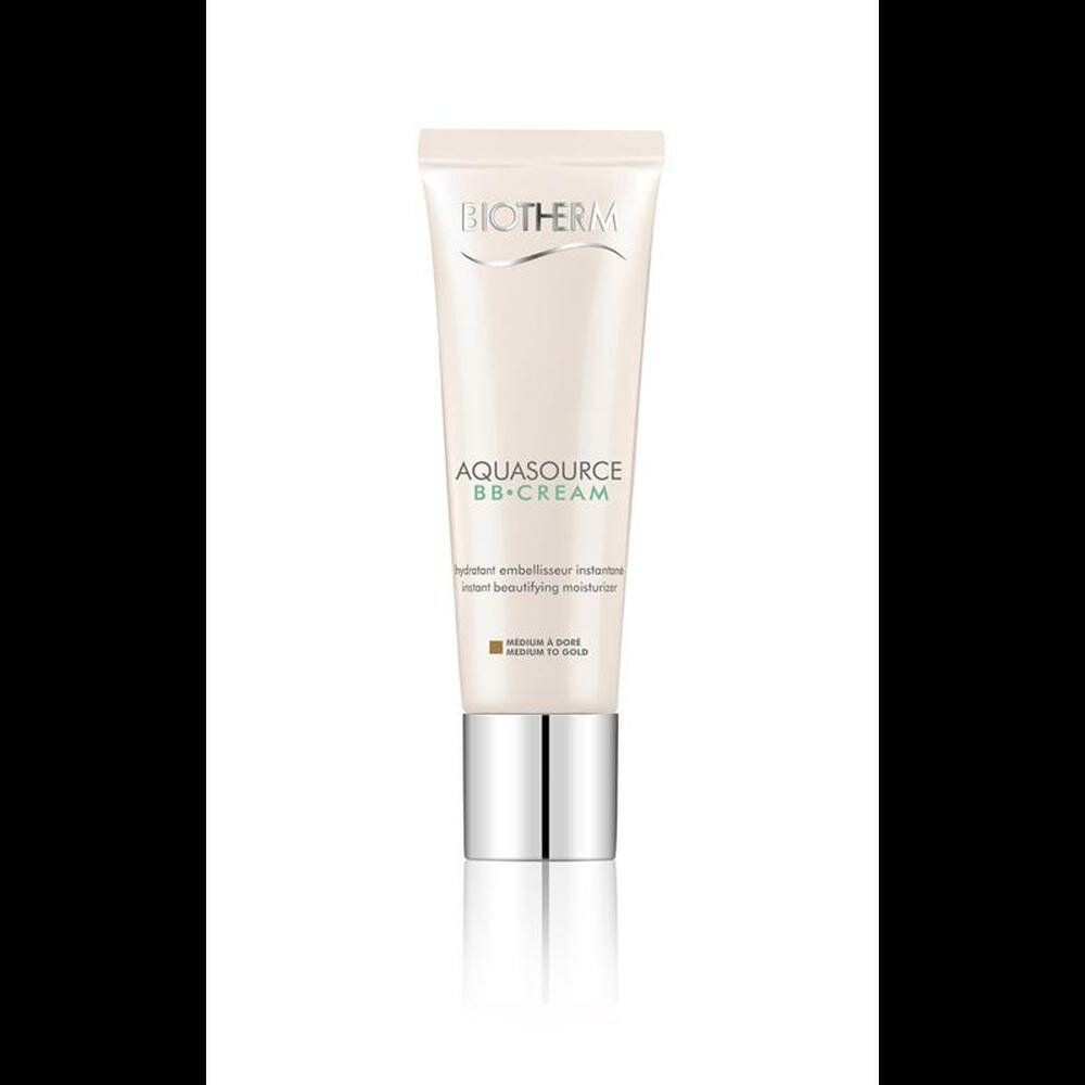 Tubo BIOTHERM AQUASOURCE BB CREAM. Tubo bianco con tappo argentato. Nome e tonalità. Su sfondo nero.