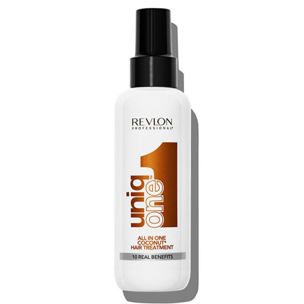 Revlon Uniq One Coconut Hair Treatment. Flacone bianco con erogatore nero. Scritta: All in One Coconut Hair Treatment, 10 Real Benefits.