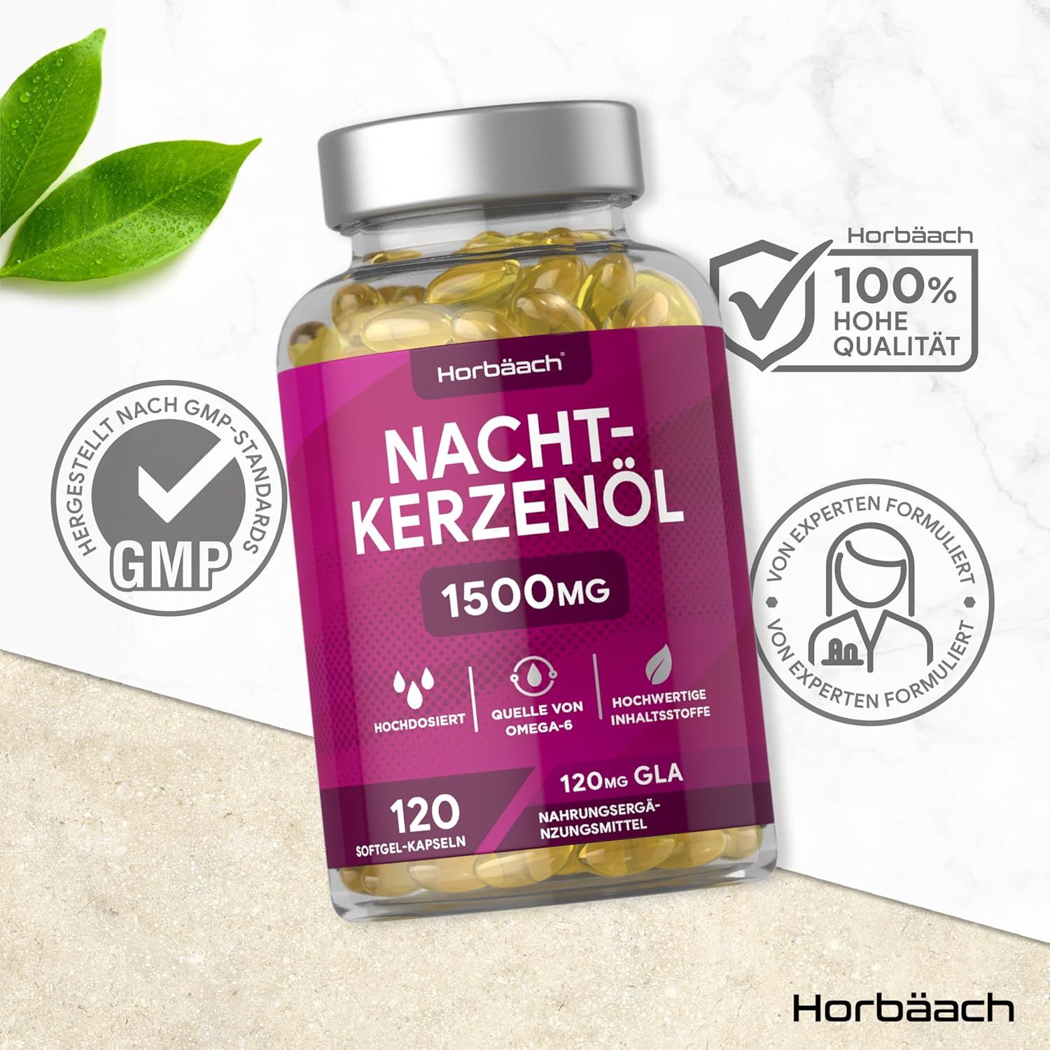 Flacone di capsule di olio di enotera Horbaach. 120 capsule, 1500mg. Simboli: GMP, 100% qualità, formulato da esperti.