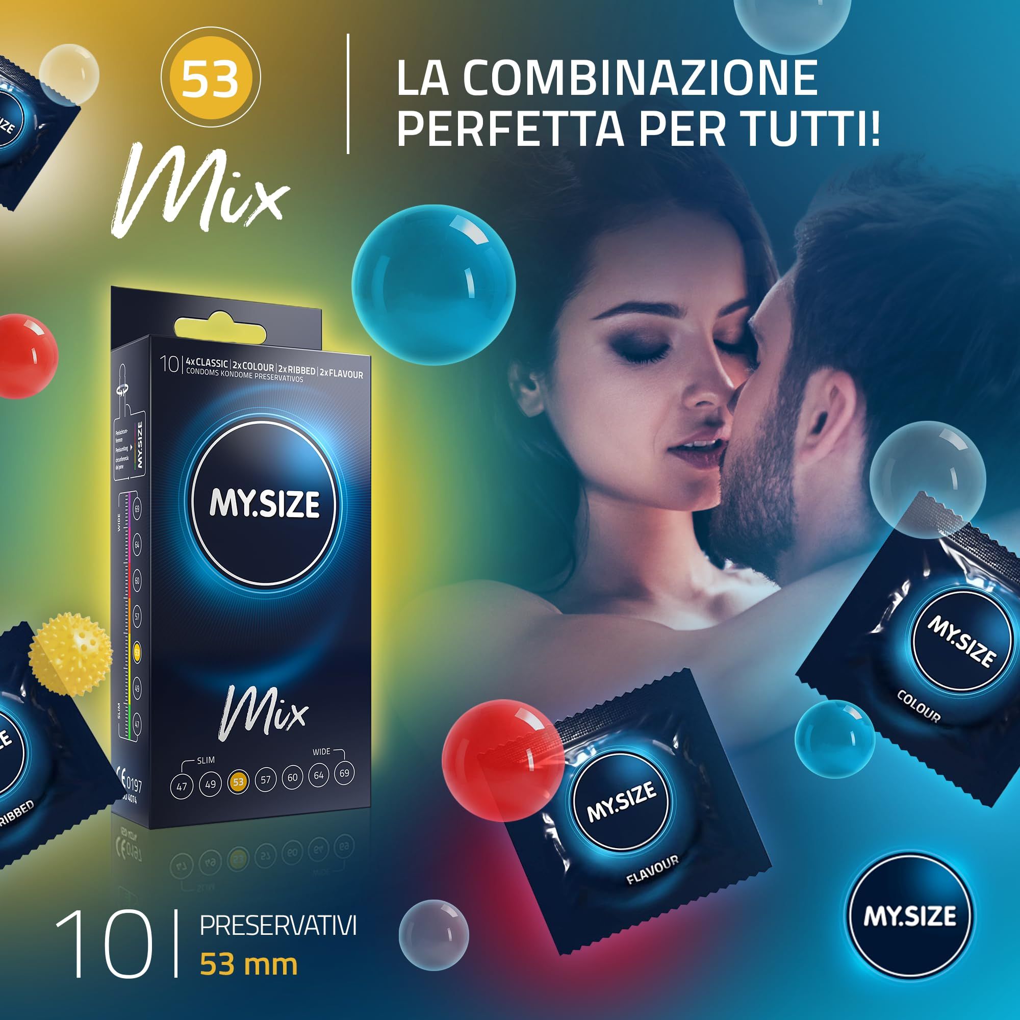 Preservativi MY.SIZE Mix: 10 pezzi, misura 53mm. 4 varianti: Classic, Colour, Flavour, Ribbed.