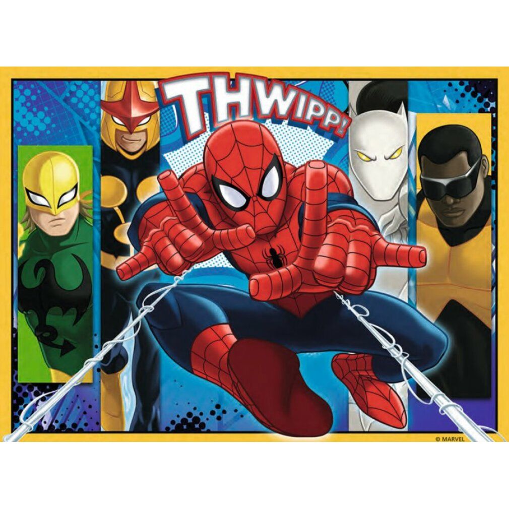 Puzzle con Spiderman e personaggi dei fumetti. Sfondo viola. Spiderman in posa. Loghi Marvel e Ravensburger visibili.