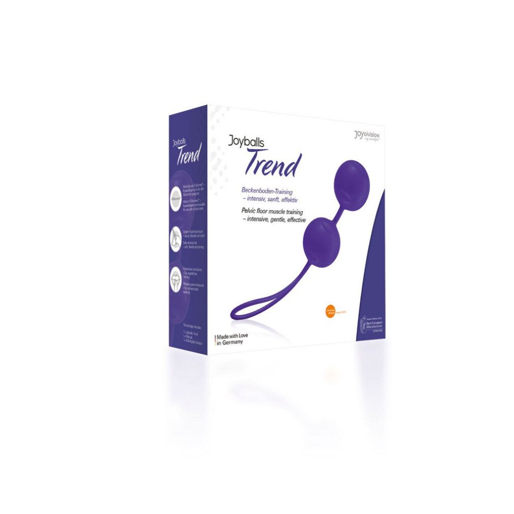 Joyballs® Trend viola in confezione. Due sfere con connettore e anello. Scritta: Allenamento del pavimento pelvico.