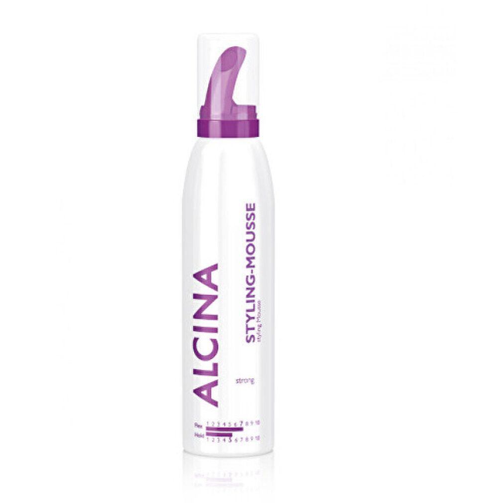 Mousse Forte Alcina bianca con dettagli viola. Scritta Alcina e Styling-Mousse. Erogatore a pompa.