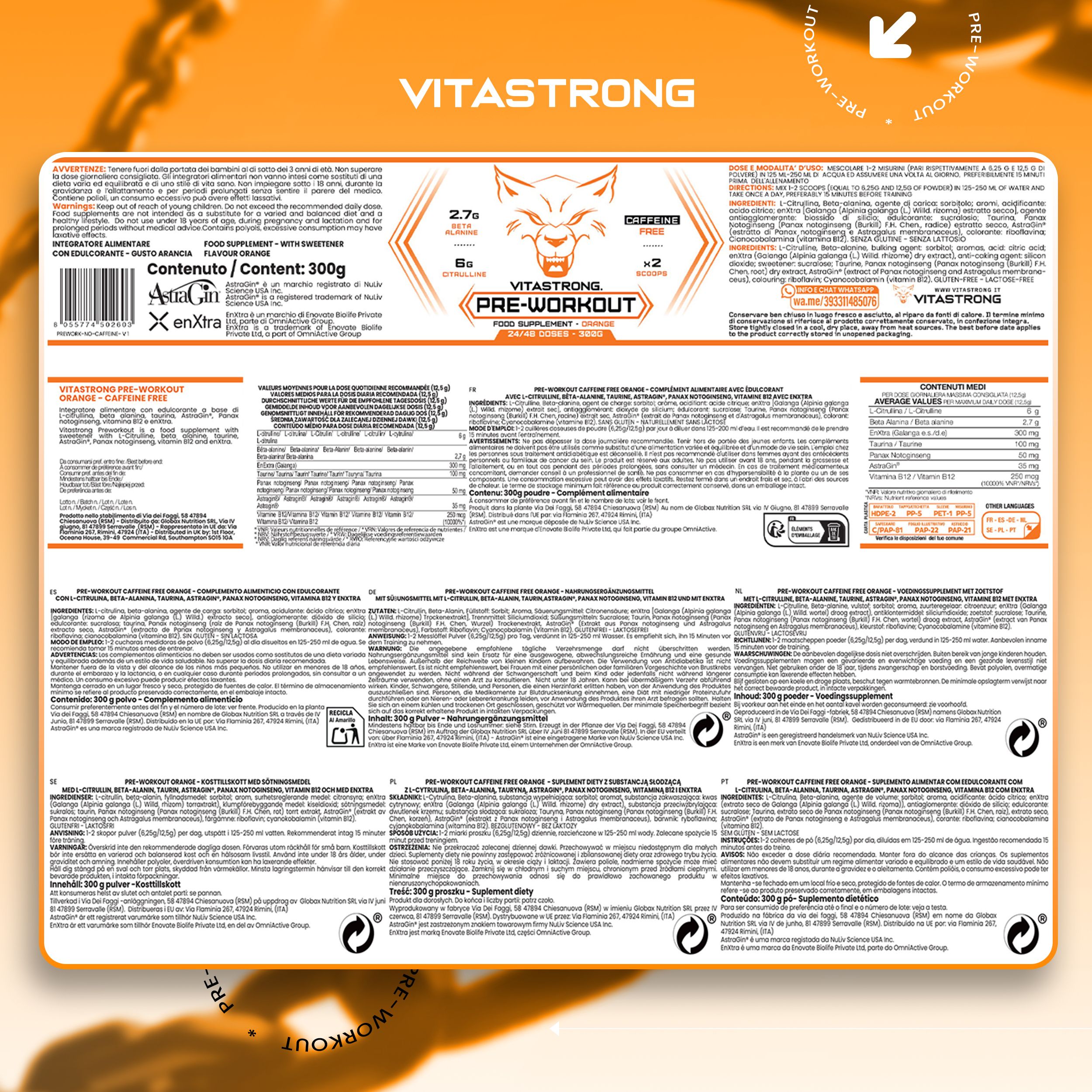 Confezione del prodotto con testo: Pre-Workout. Contiene informazioni sugli ingredienti e il valore nutrizionale.