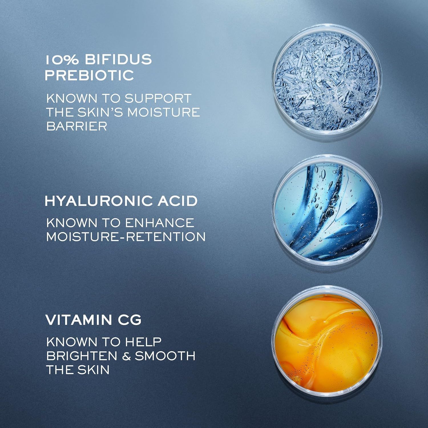 Tre cerchi con ingredienti: 10% BIFIDUS PREBIOTIC, ACIDO IALURONICO, VITAMINA CG. Testo descrive gli ingredienti.