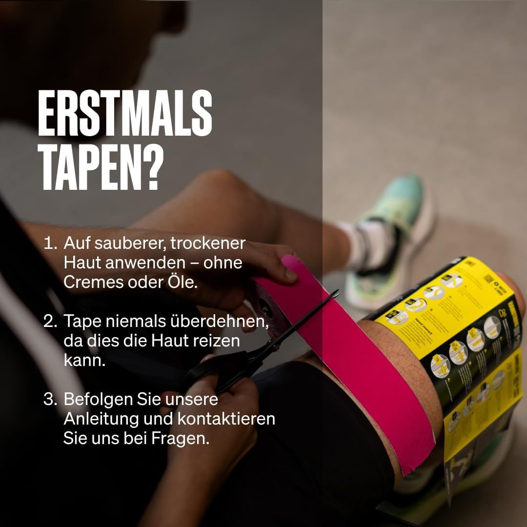 Applicazione di nastro kinesiologico rosa sulla gamba con forbici. Passaggi per l'applicazione.