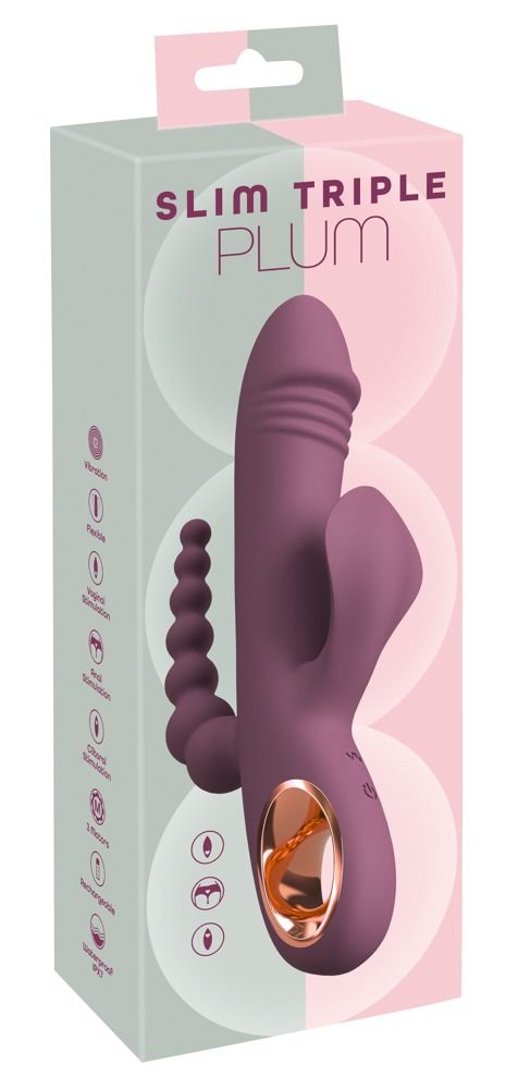 Vibratore viola con testa a coste, orecchie flessibili e coda perlinata. La confezione mostra le funzionalità.