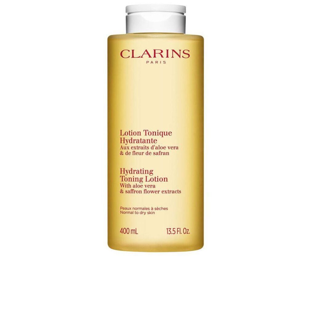 Flacone giallo con tappo bianco. Scritta: Clarins Paris, Lotion Tonique Hydratante, Hydrating Toning Lotion, 400 ml, 13.5 Fl. Oz.