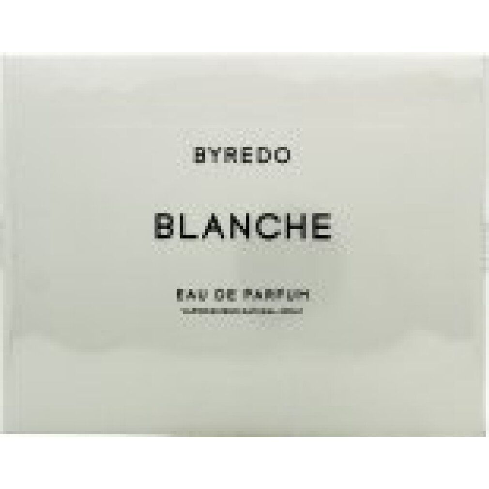 Scatola bianca con Byredo Blanche Eau de Parfum. Scritta nera. Forma rettangolare.
