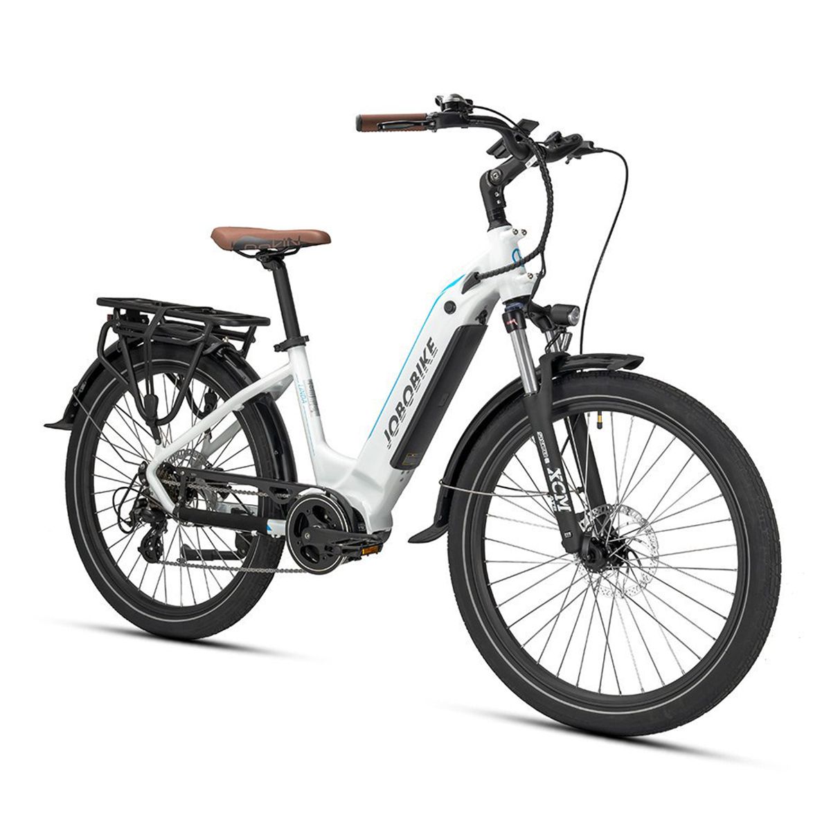 E-bike bianca JOBOBIKE Linda con sella e manopole marroni. Parafanghi e portapacchi neri. Linea blu.