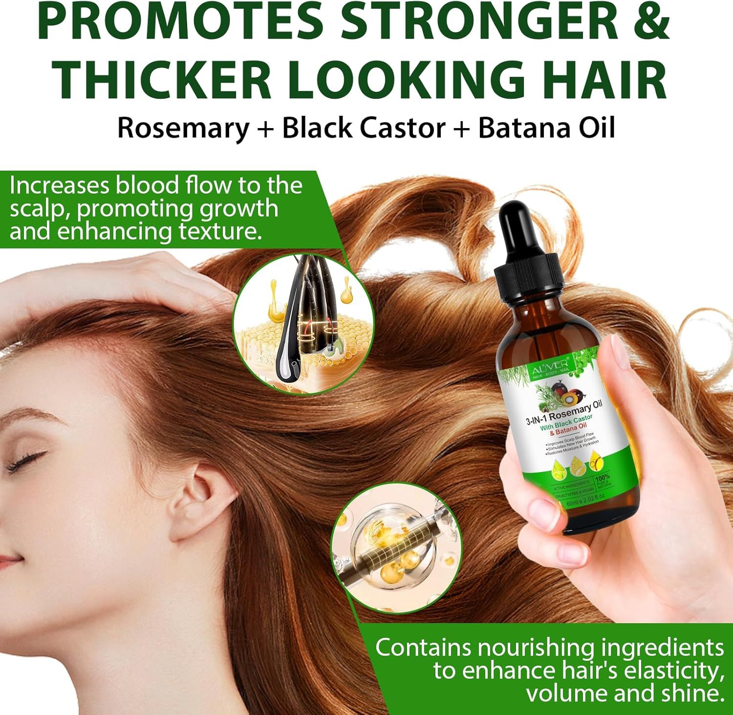 Donna che tiene una bottiglia marrone con contagocce. Contiene olio di rosmarino, Batana e ricino. Il testo mostra i benefici degli oli.