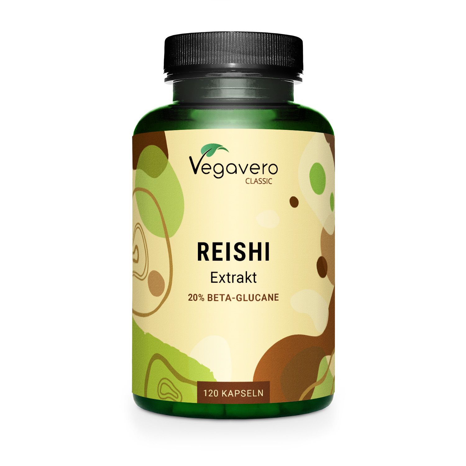 Flacone verde con capsule. Scritta: Reishi Extrakt, 20% Beta-Glucane, 120 capsule. Marchio: Vegavero.