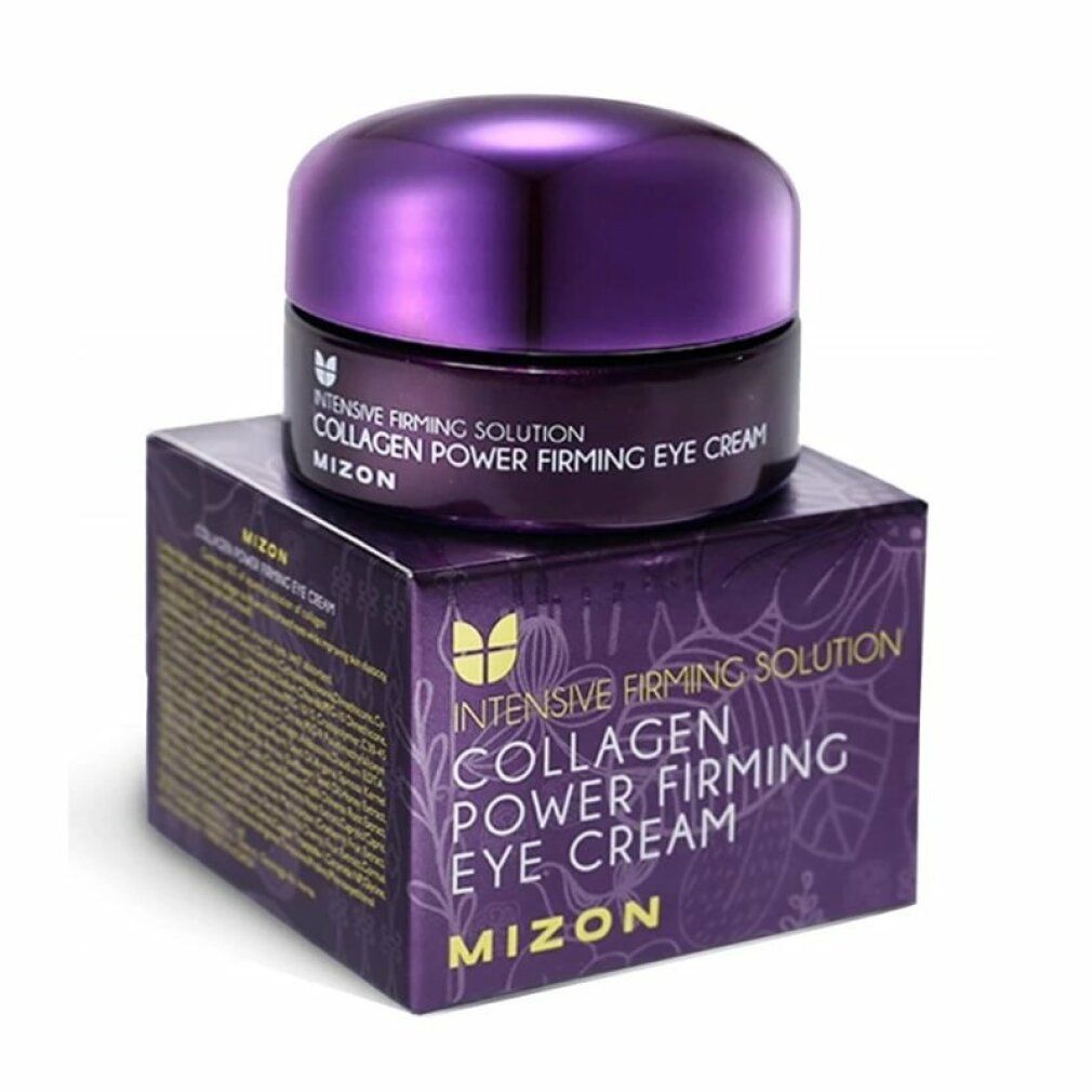 Vasetto di crema per occhi con coperchio viola su una scatola viola. Testo: Collagen Power Firming Eye Cream. Marchio: Mizon.