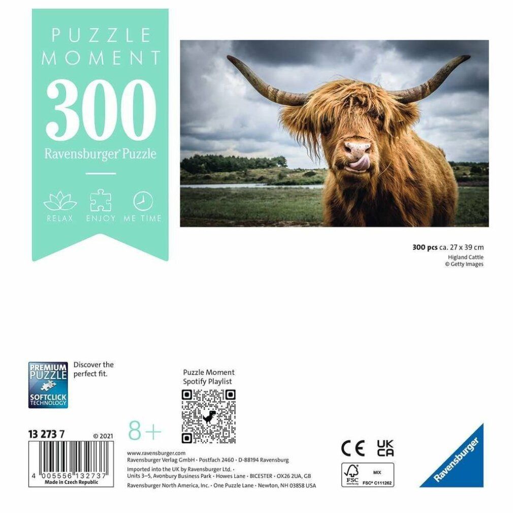 Scatola puzzle, Ravensburger, 300 pezzi, mucca delle Highlands, dimensioni, età.
