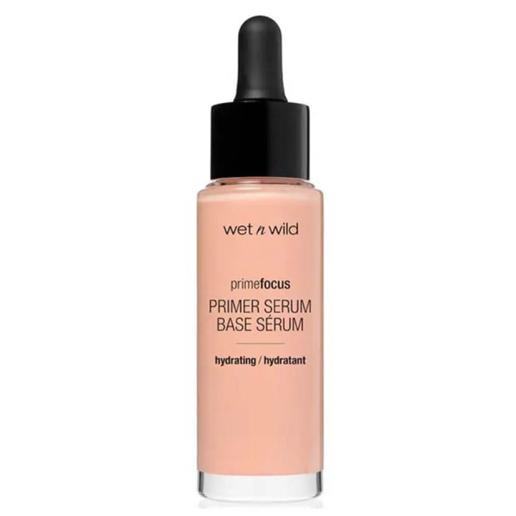 Flacone di siero con tappo nero e contagocce. Scritta: Prime Focus Primer Serum Base Sérum. Idratante.