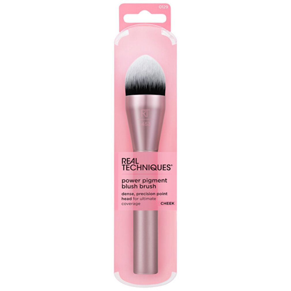 Pennello per blush in confezione rosa. Sulla confezione 'Real Techniques' e 'power pigment blush brush'.