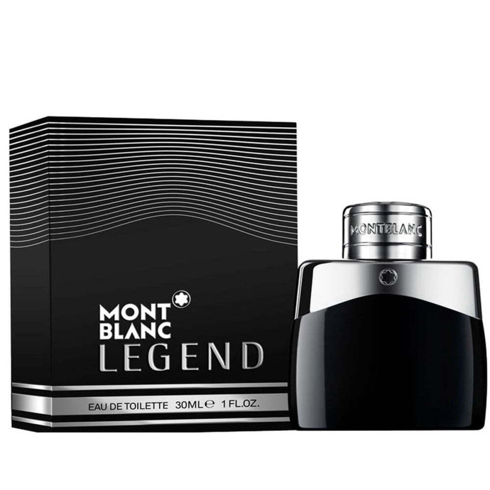 Flacone nero con tappo argentato e confezione. Sulla confezione è scritto MONTBLANC LEGEND. Eau de Toilette 30ml 1 FL.OZ.