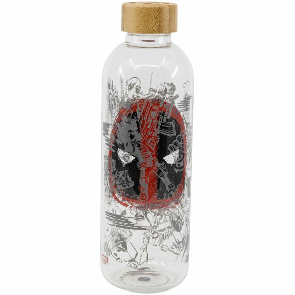 Bottiglia in vetro Deadpool. Contenitore trasparente con tappo in legno. Logo Marvel in basso. Illustrazioni di personaggi dei fumetti.