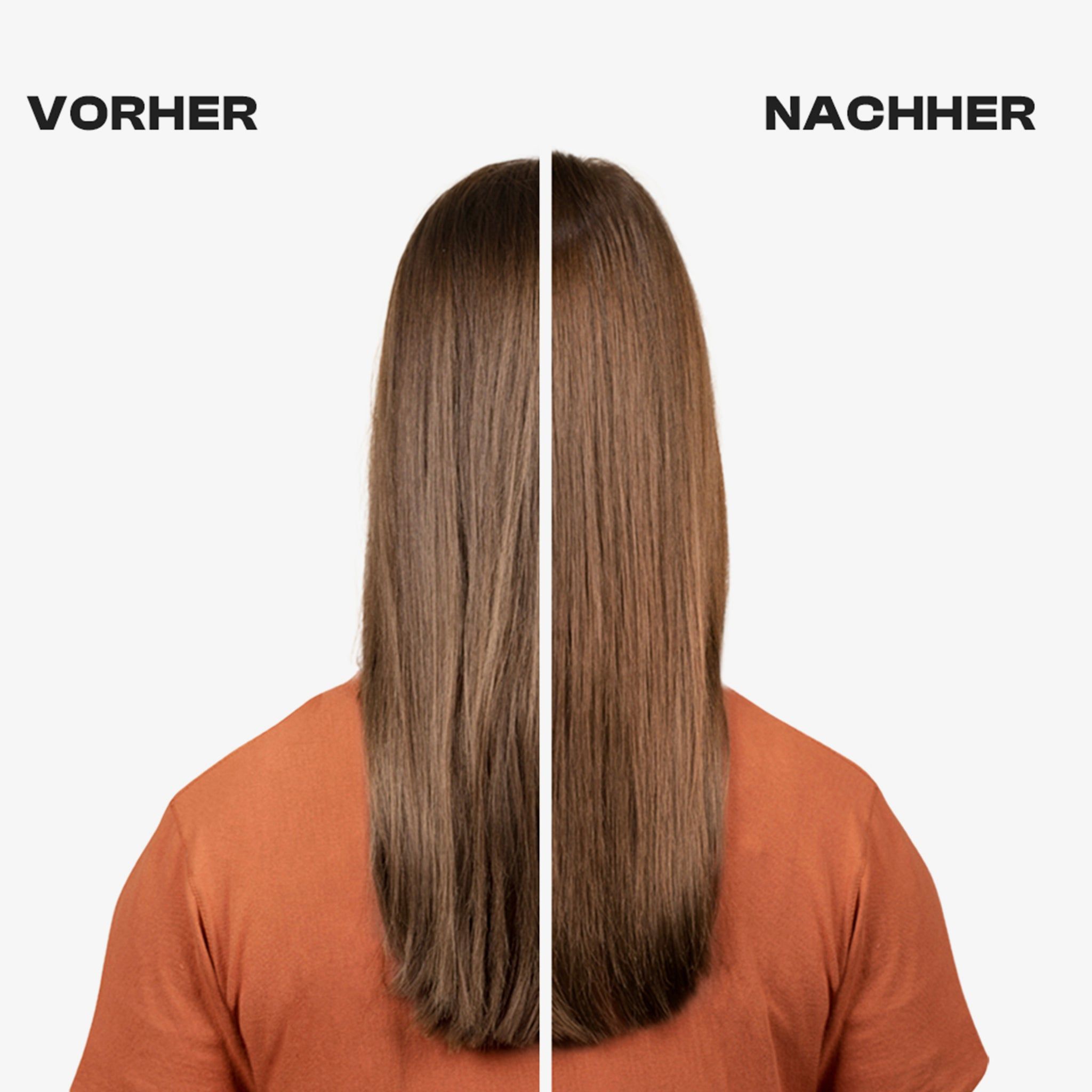Vista posteriore divisa. Sinistra: capelli prima del trattamento. Destra: capelli dopo il trattamento. Entrambi i lati: capelli castani.