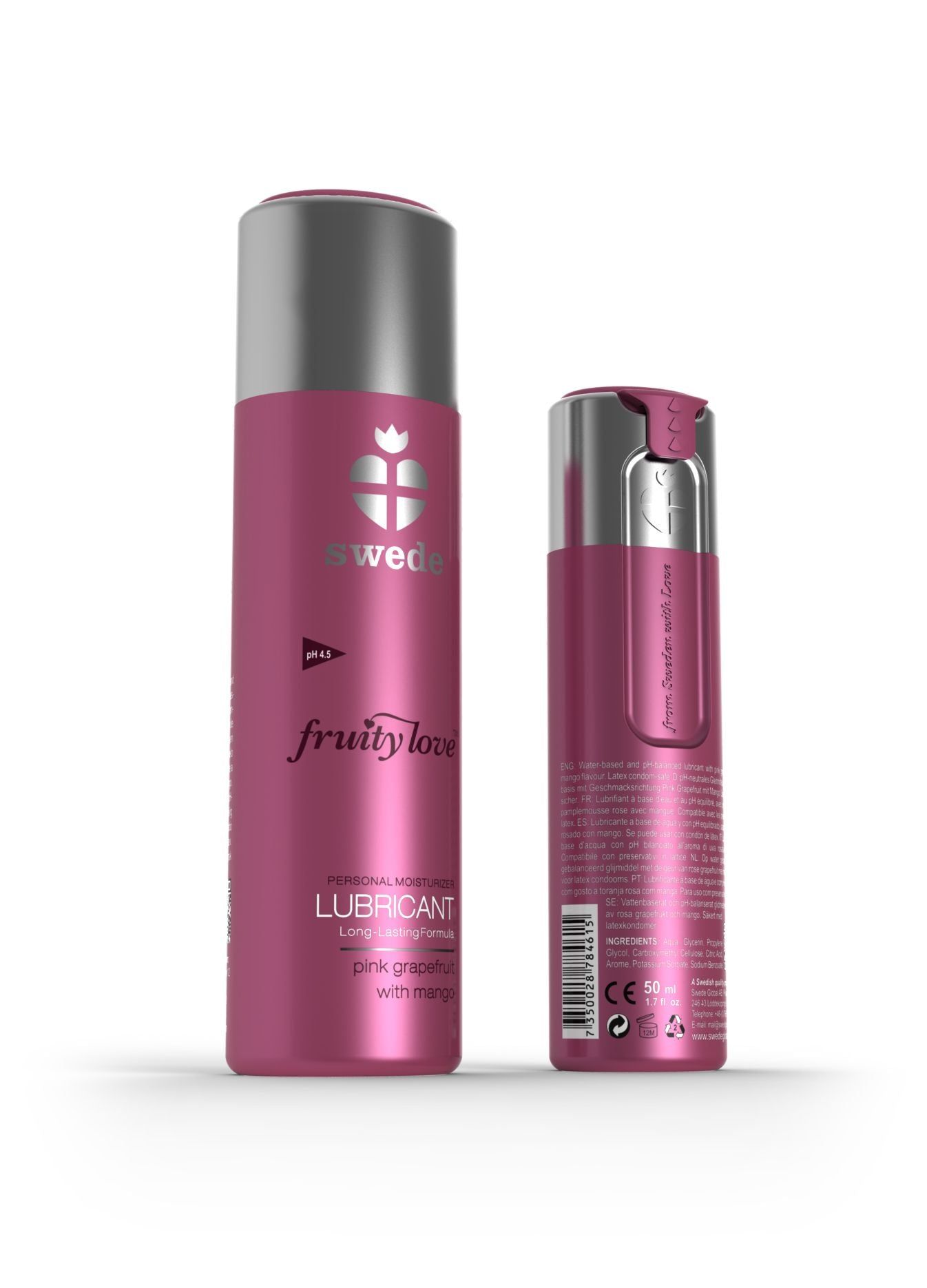 Due flaconi rosa con tappi argentati. Scritta: Swede, Fruity Love, Lubricant, Pink Grapefruit with Mango.