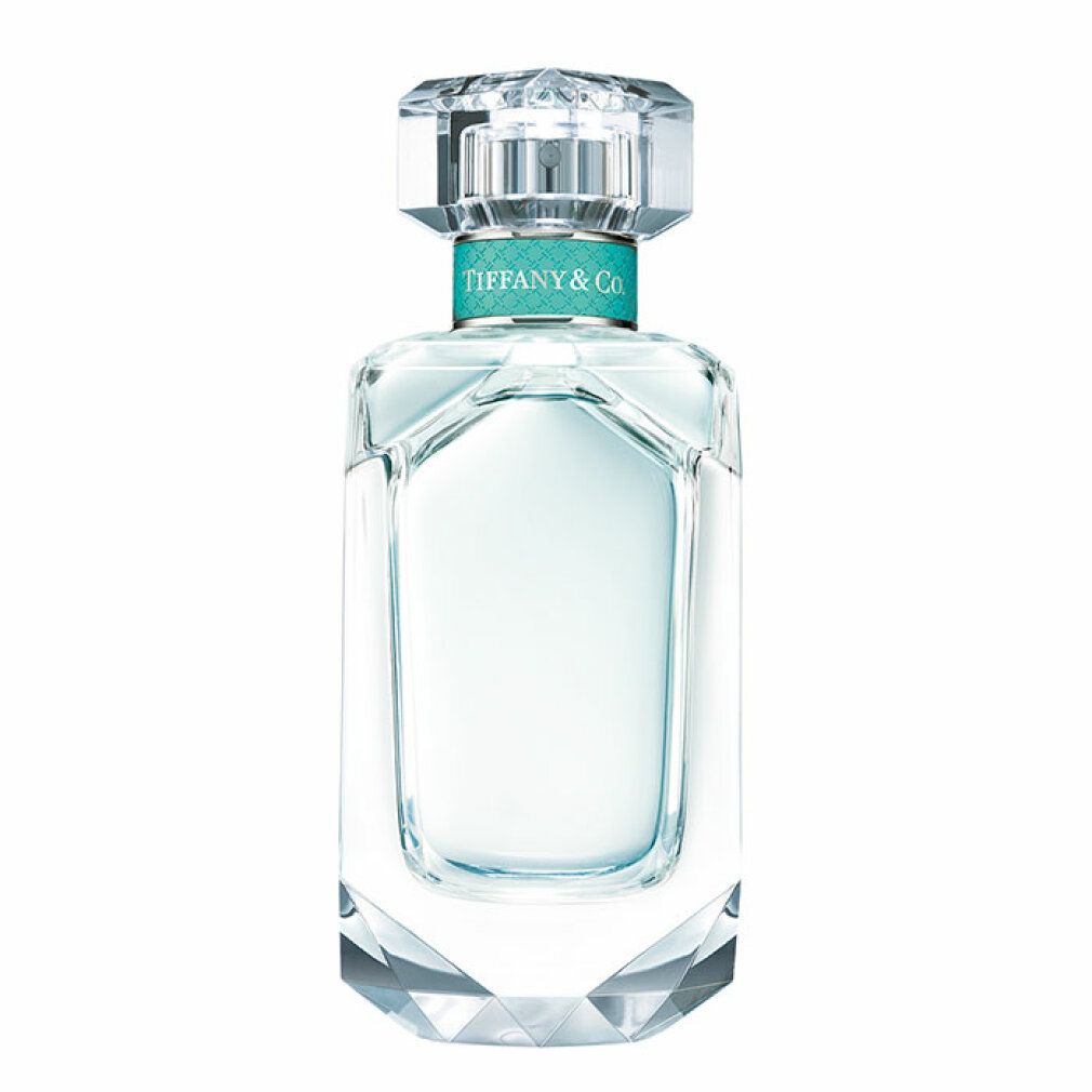 Flacone in vetro con fascia blu e tappo. Tiffany & Co. EdP Nat. Spray. Flacone trasparente sfaccettato, fascia turchese.