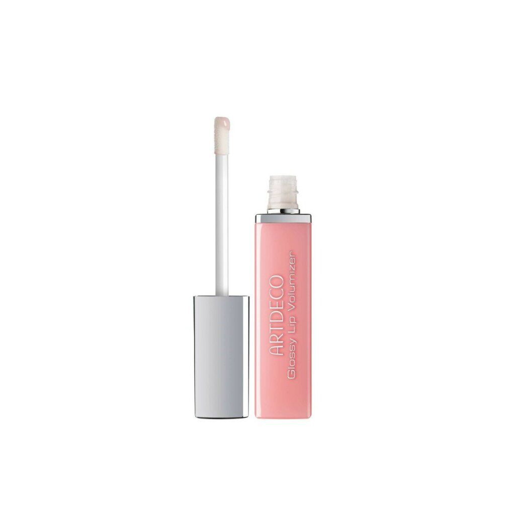 Artdeco Glossy Lip Volumizer, contenitore rosa con tappo argento e applicatore. L'applicatore è estratto.