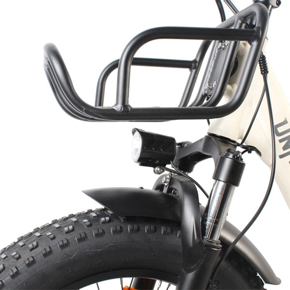 Primo piano del cestino anteriore, del faro e dello pneumatico. Componenti neri.