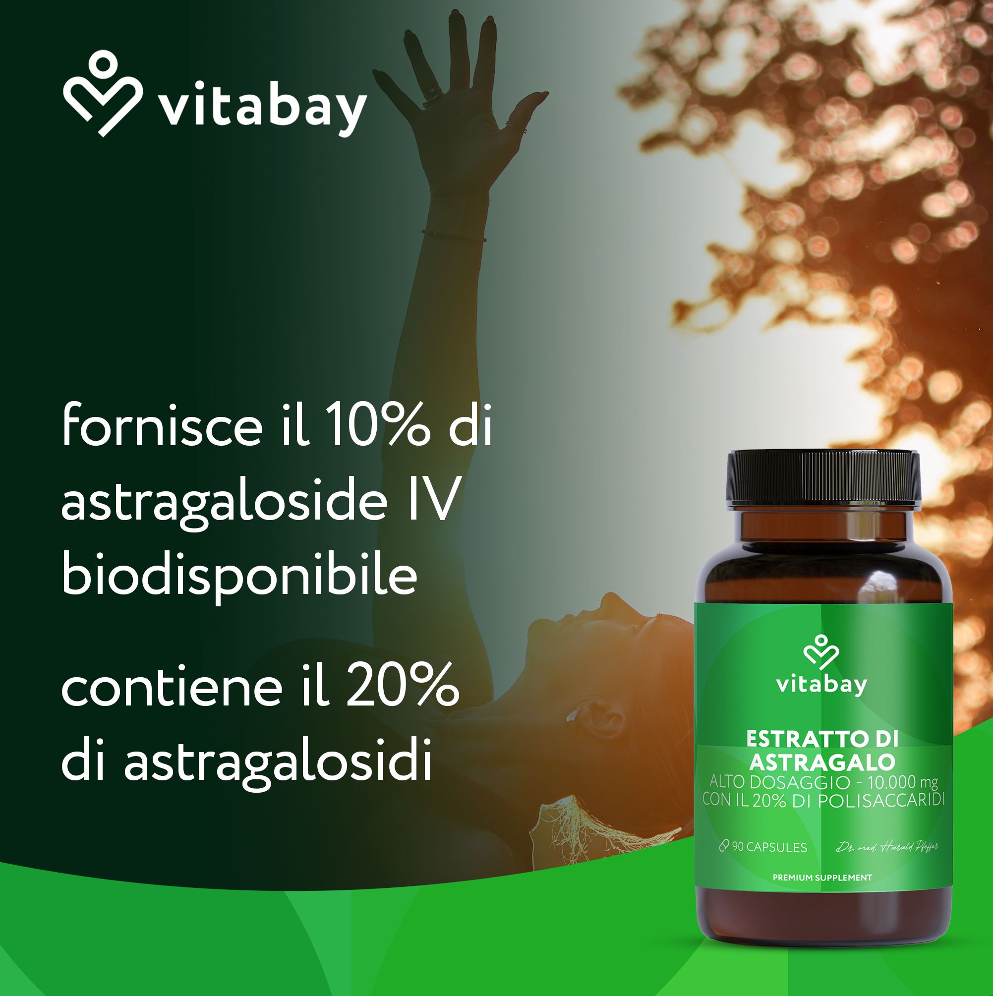Flacone Vitabay Astragalus Extrakt, fornisce il 10% di astragalosidi IV biodisponibili.