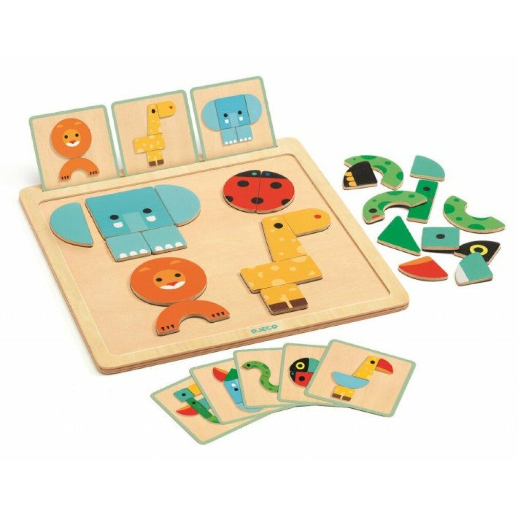 Puzzle magnetico in legno Djeco con facce di animali. Pezzi e carte inclusi. Diverse facce di animali. Marchio Djeco.