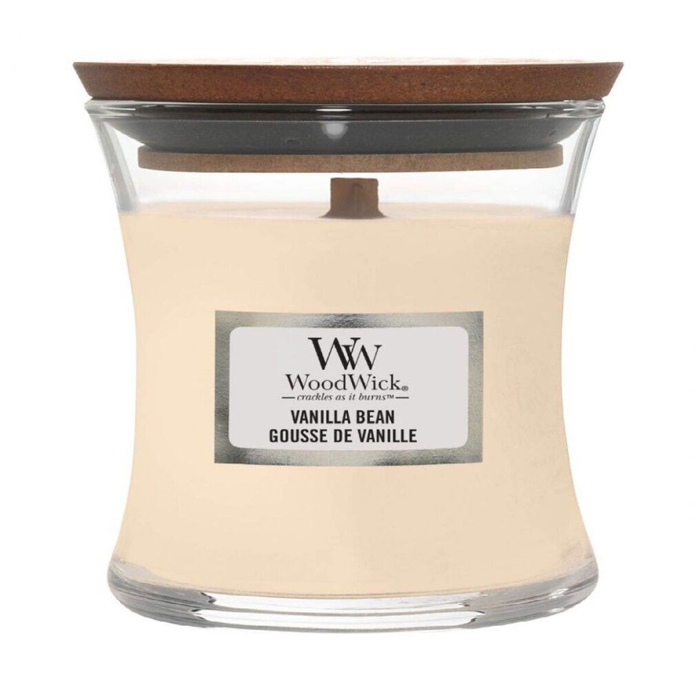 Candela a forma di clessidra con coperchio in legno. L'etichetta dice "Vanilla Bean".