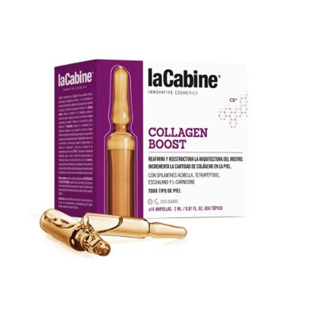 Confezione di La Cabine Collagen Boost Ampoules. Due fiale davanti. Scritta: Collagen Boost, 10 fiale.