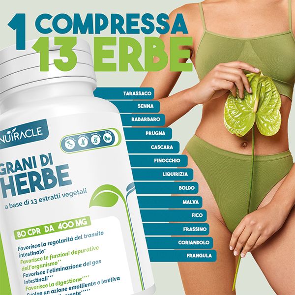 Flacone di prodotto accanto a un elenco di 13 erbe. Testo: "13 erbe". Elenco delle erbe.