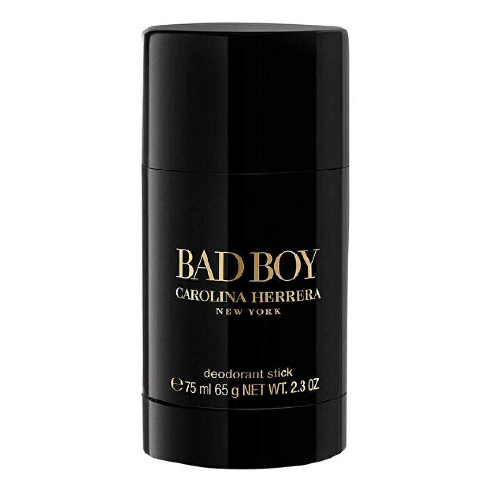 Stick deodorante nero, 75 ml, con scritta dorata "Bad Boy" e "Carolina Herrera".