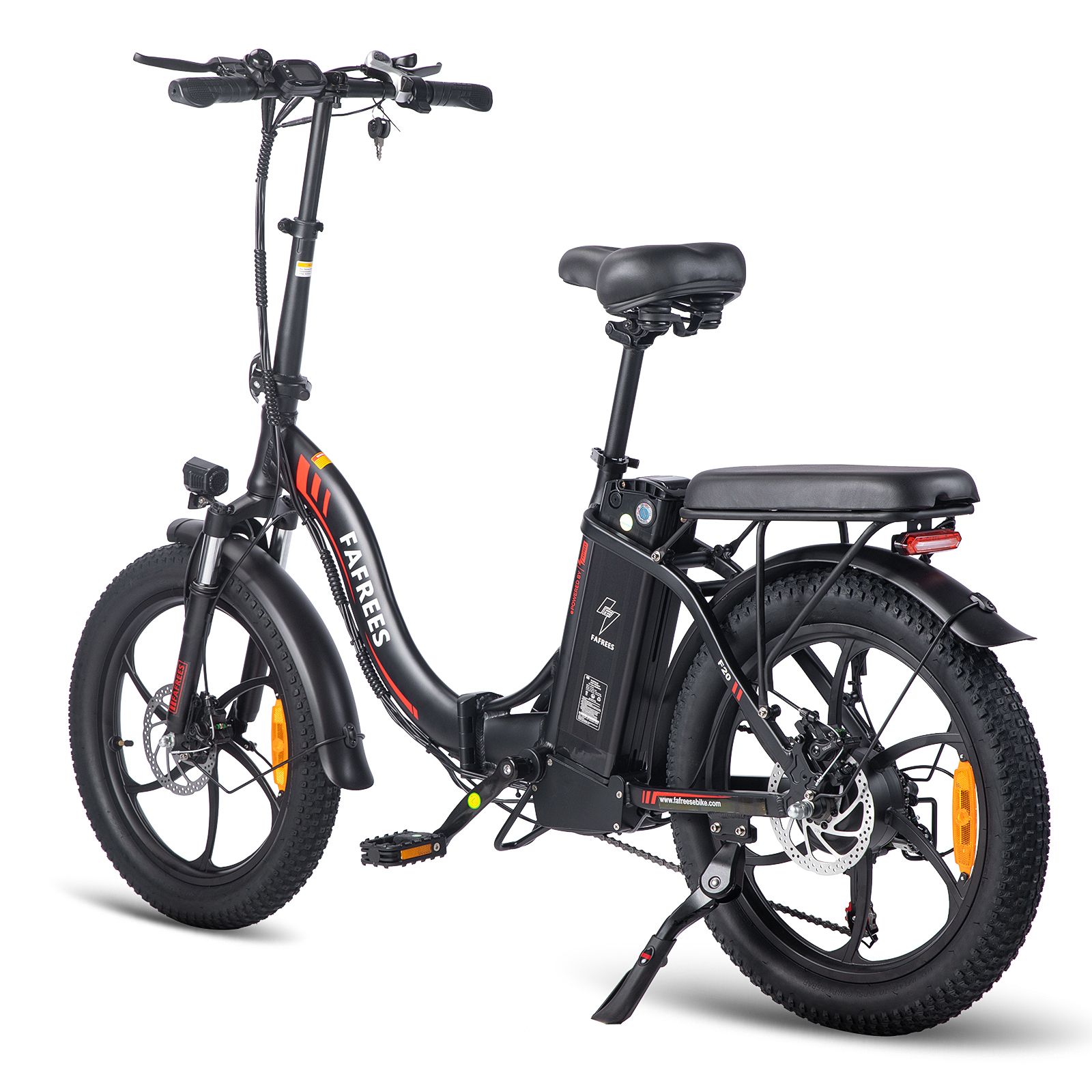 E-bike pieghevole FAFREES F20 nera. Visibili: sella, portapacchi, parafanghi, freni a disco, luci. Dettagli rossi.