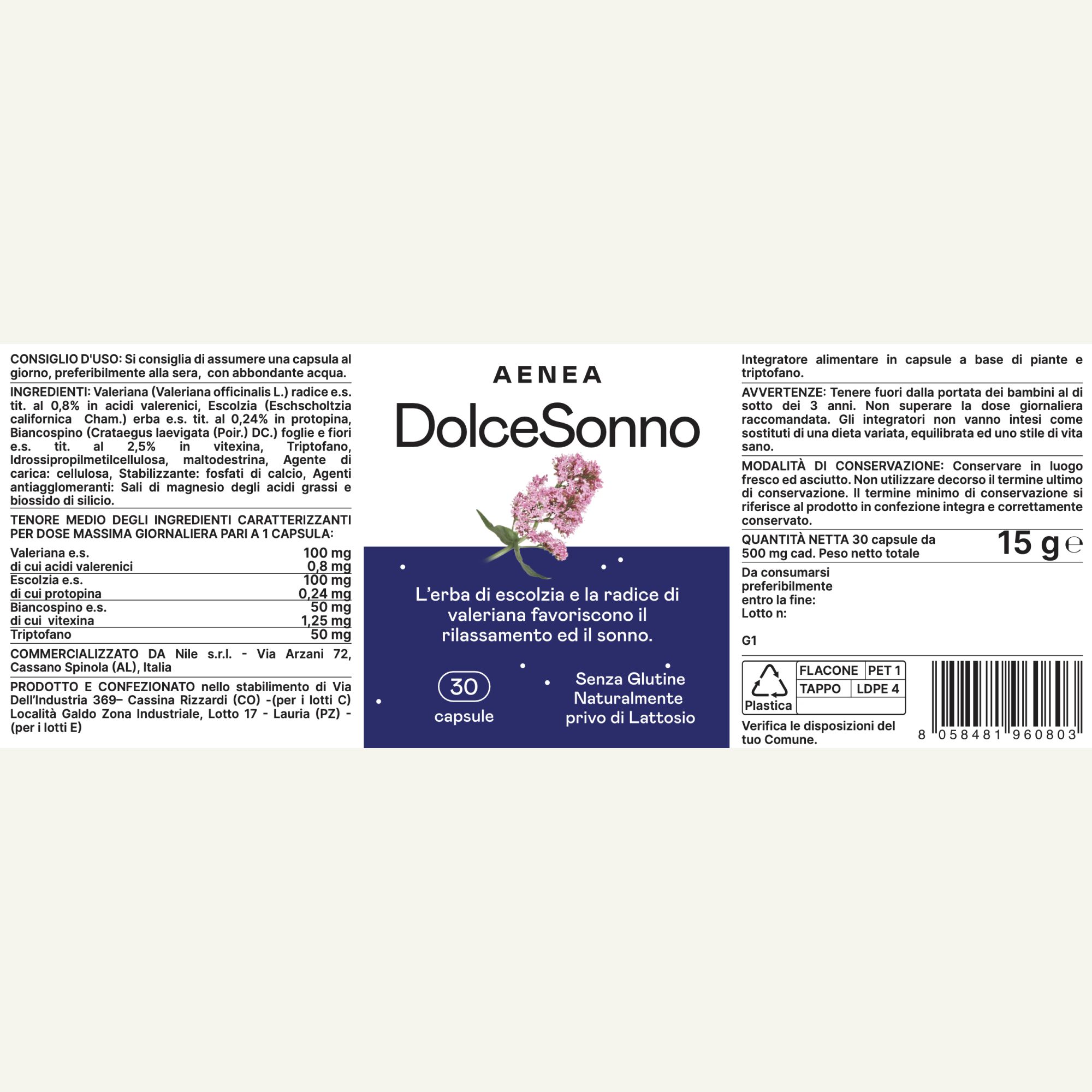 Etichetta del prodotto. Scritta: Aenea, Dolcesonno. 30 capsule. Testo: Ingredienti, istruzioni per l'uso, avvertenze. 15g.