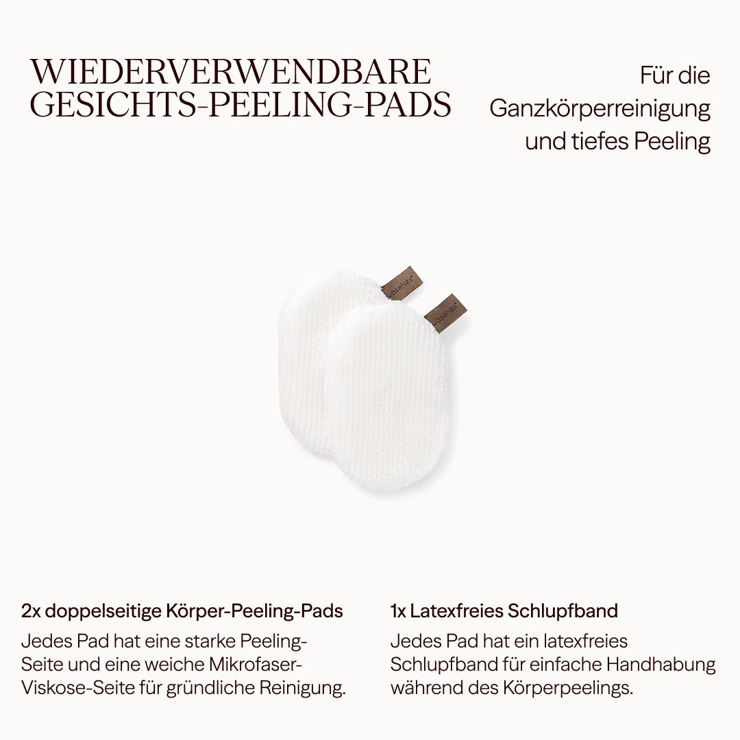 Due dischetti esfolianti Waschies bianchi ovali con passanti marroni. Testo: Dischetti esfolianti viso riutilizzabili. Per la pulizia completa del corpo e il peeling profondo.
