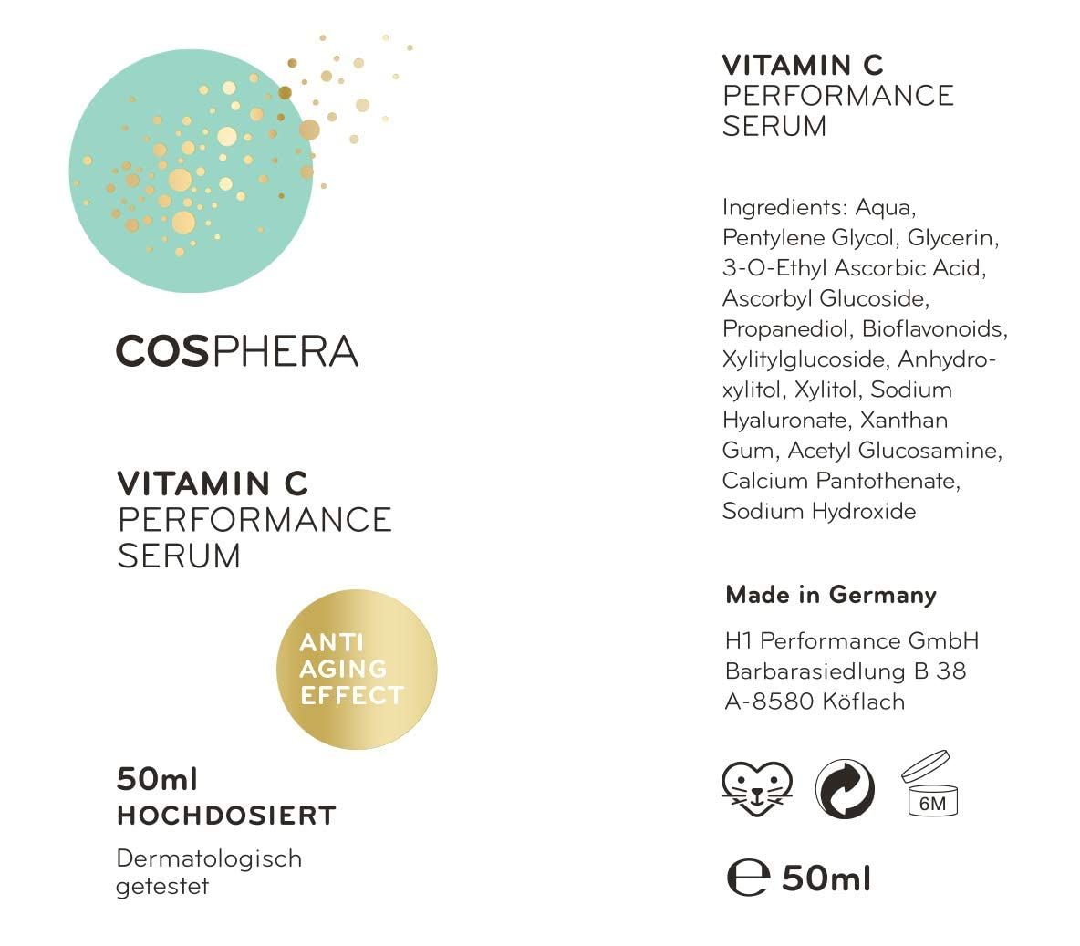 Cosphera Siero Performance Vitamina C, 50ml, alta concentrazione, testato dermatologicamente.