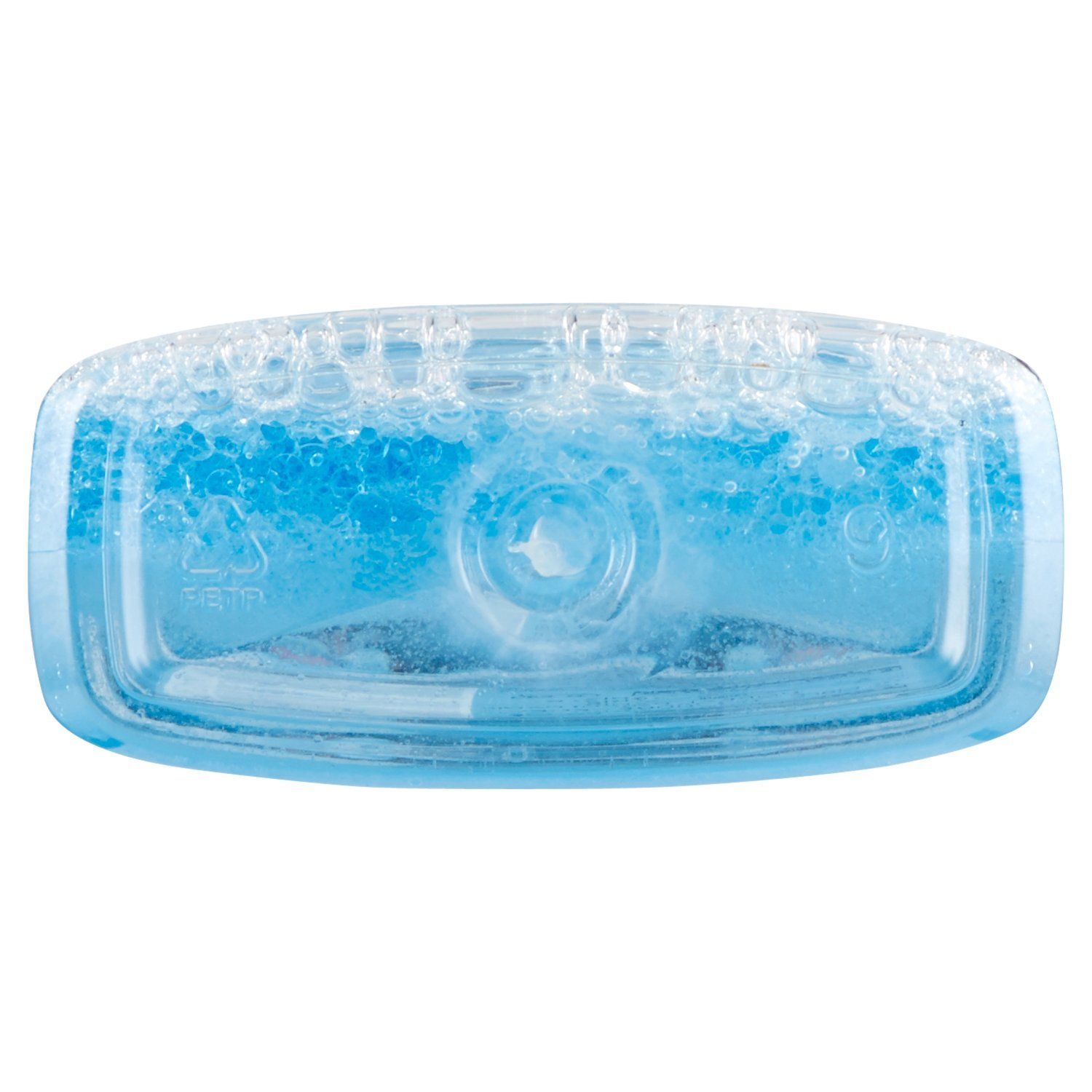 Vista inferiore del flacone L'Oréal Struccante Bifase per Occhi. Liquido blu e bianco visibile.