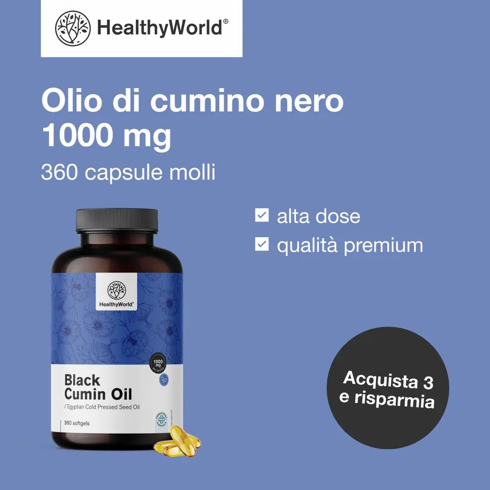 Flacone di capsule. Testo: Olio di cumino nero 1000 mg, 360 capsule molli. Logo: HealthyWorld. Testi: alta dose, qualità premium.